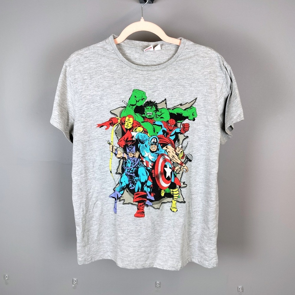 Marvel Avengers Graphic Cotton Blend T Shirt Grey Hulk Iron Man Spiderman‎ Thor